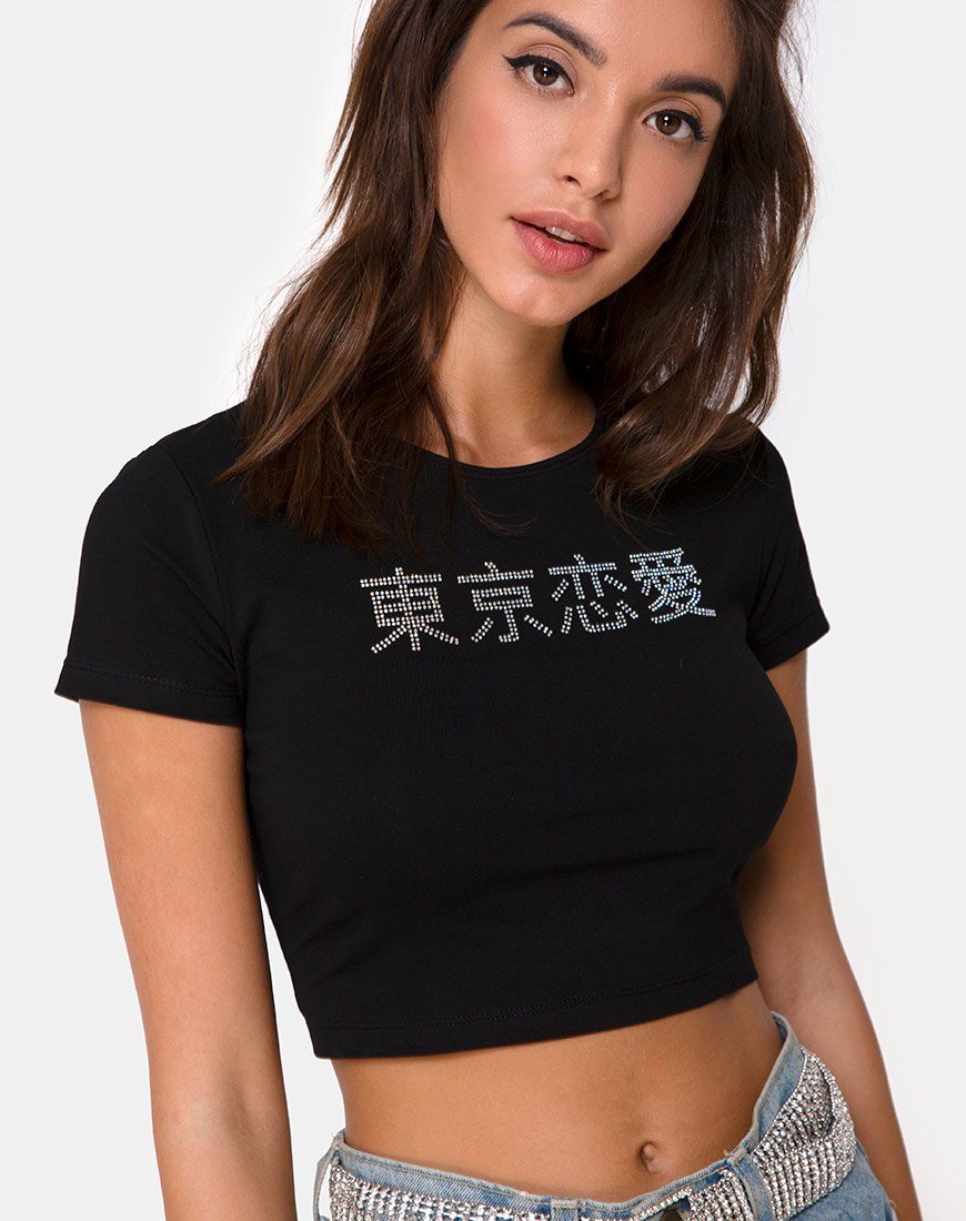 Tiney Crop Top Tee en Negro con Diamante Hotfix