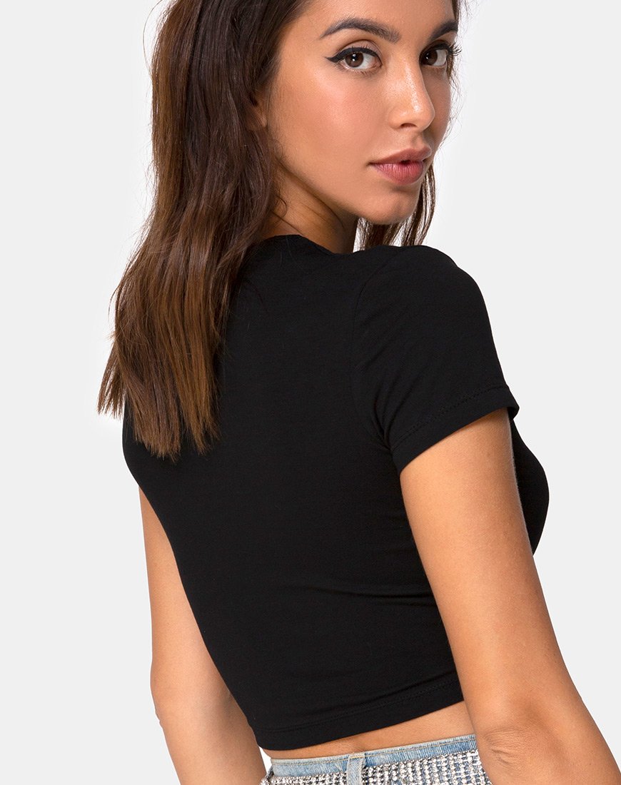Tiney Crop Top Tee en Negro con Diamante Hotfix