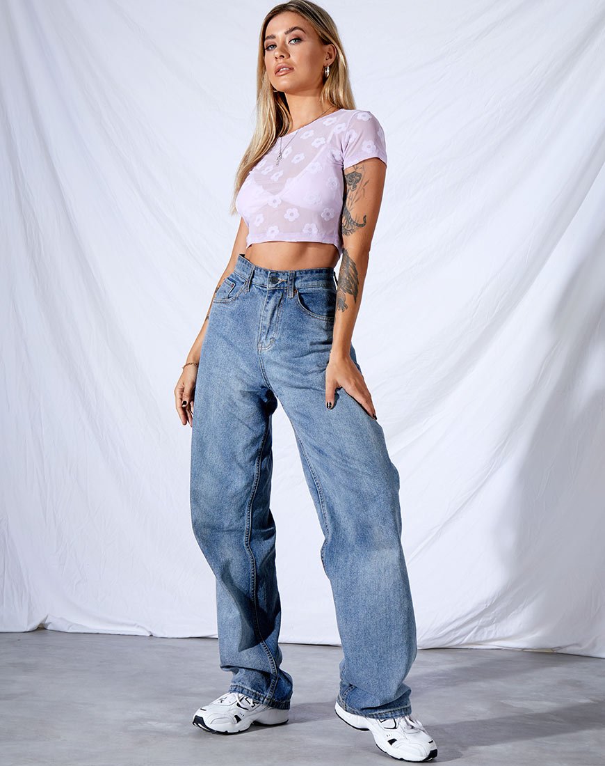 Imagen de Tiney Crop Tee in Lilac Mesh Daisy White Flock