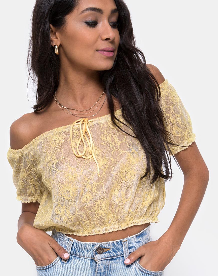 Eva Crop Top en Encaje Pastel Limón