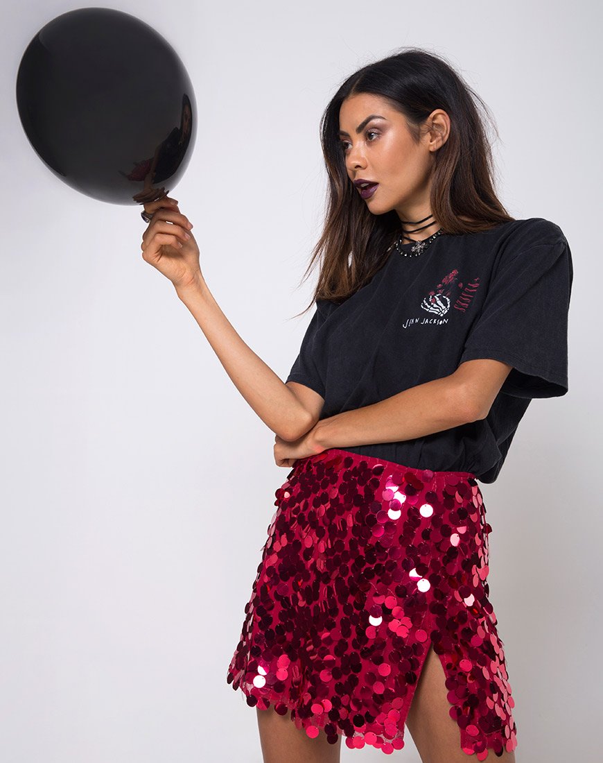 Imagen de la falda Helena de lentejuelas con disco rojo cereza