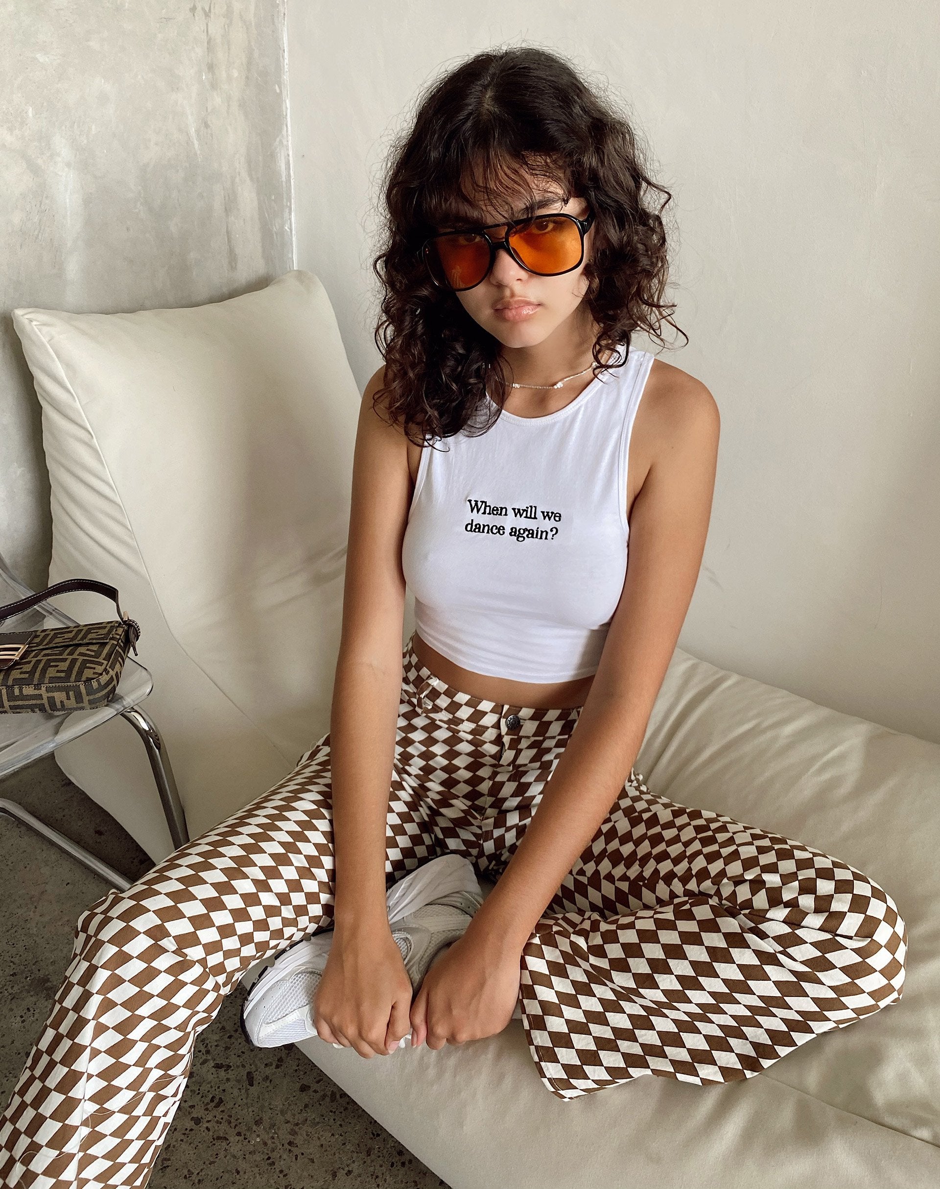 Imagen de Zoven Flare Trouser in Diagonal Checker Tan and Ivory