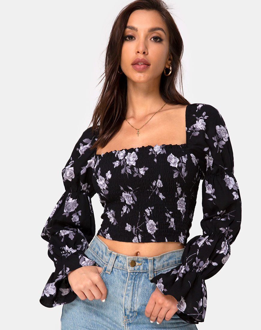 Top Velina en Blanco Rosa Negro