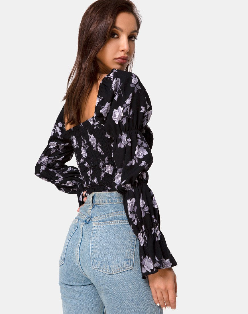 Top Velina en Blanco Rosa Negro