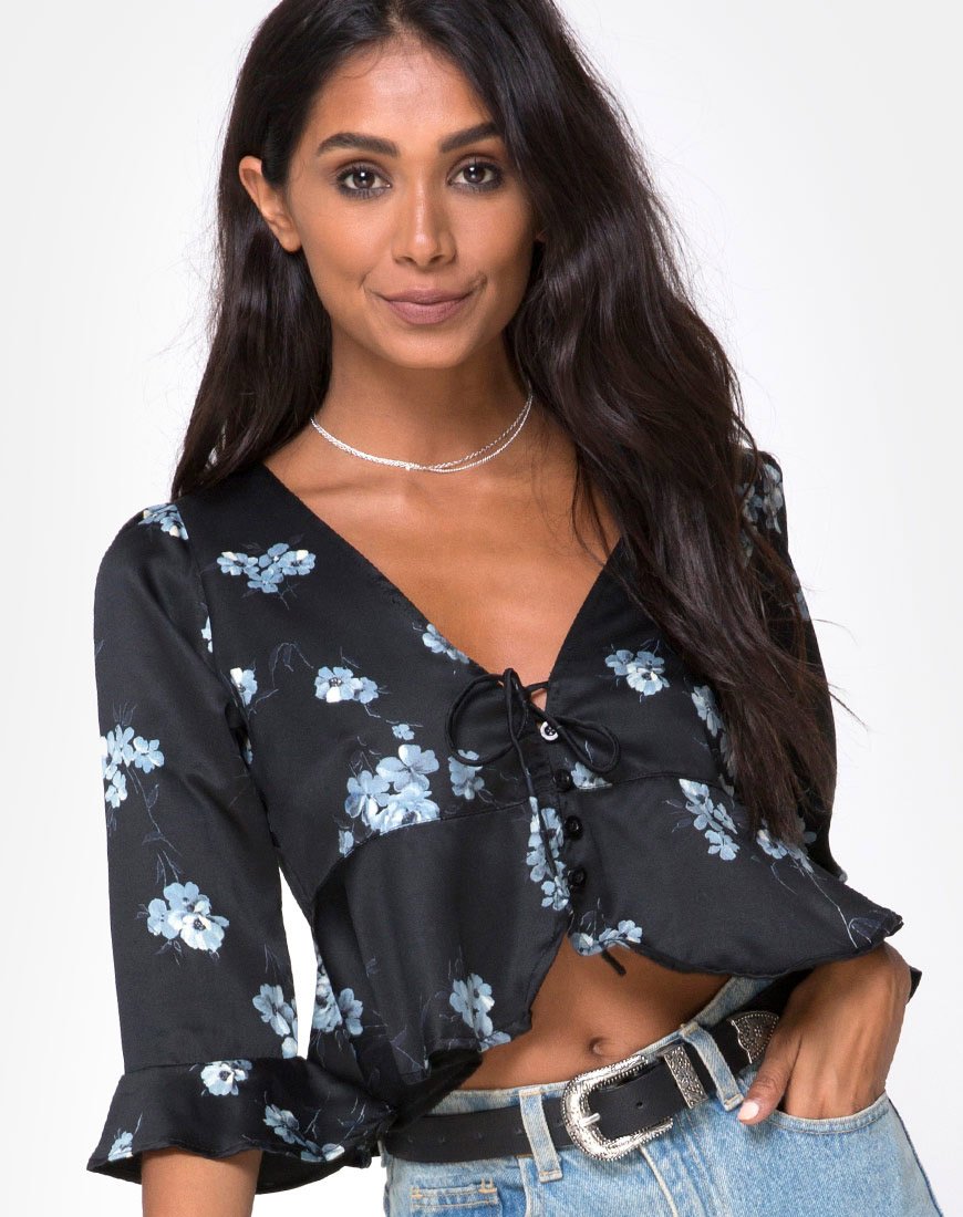 Top Vinequa de satén Mono Flor Negro