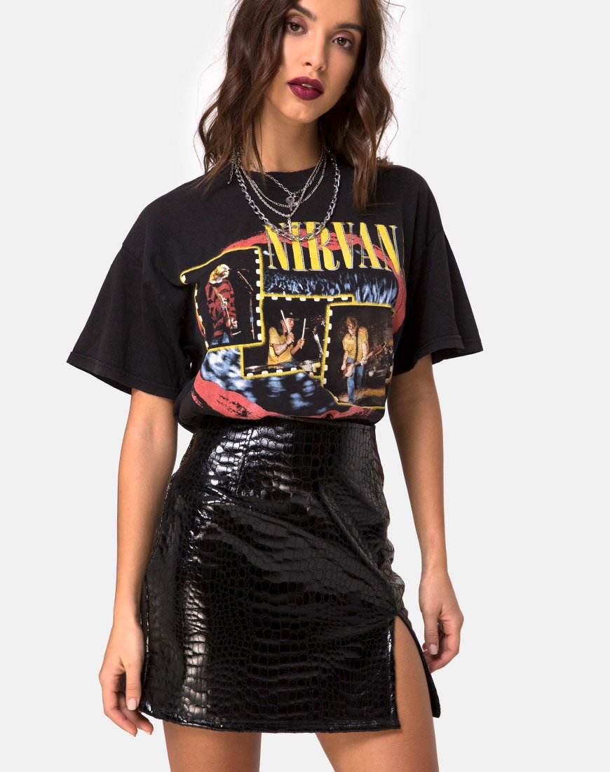Falda Wave en PU Croco Negro