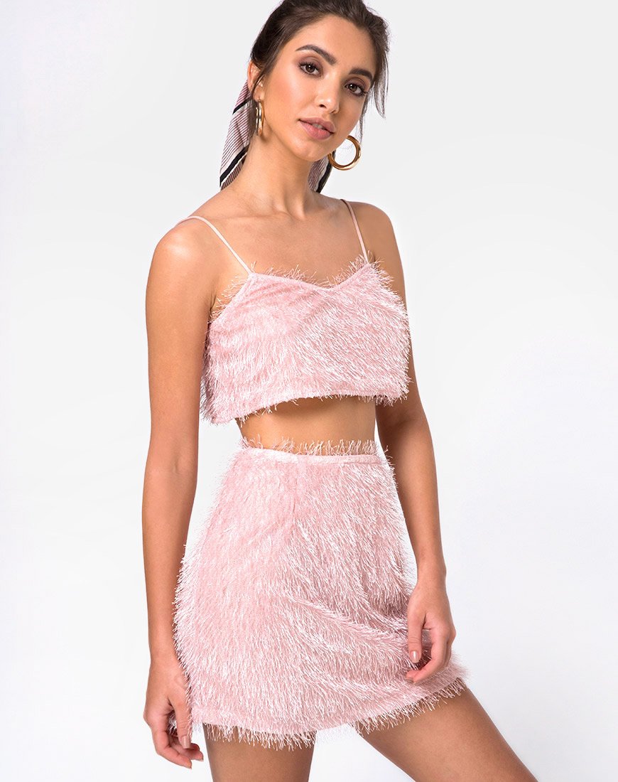 Falda Weaver de cintura alta en rosa azúcar con flecos