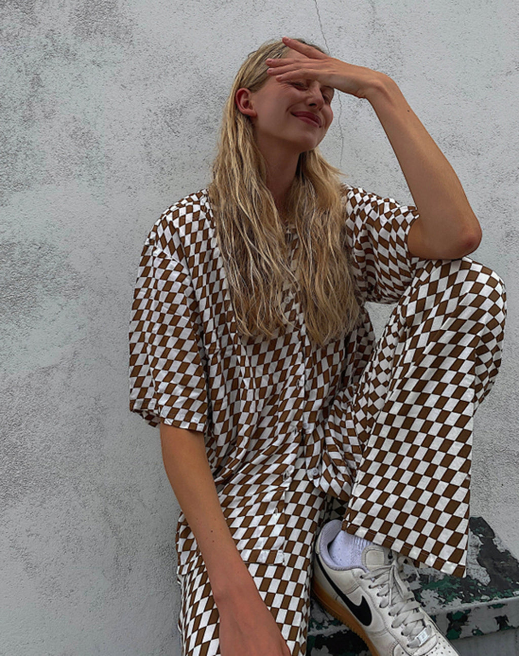 Vestido camisero Fresia de cuadros diagonales marrón tostado y marfil