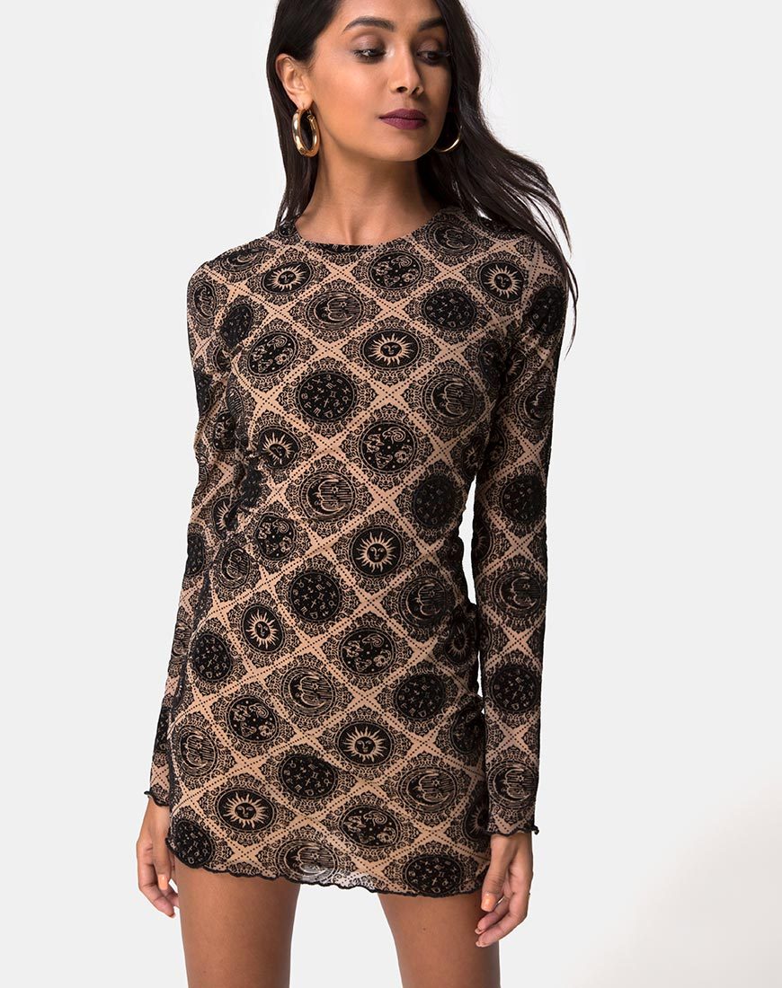 Vestido Wyanna en malla topo con estampado de signos negros