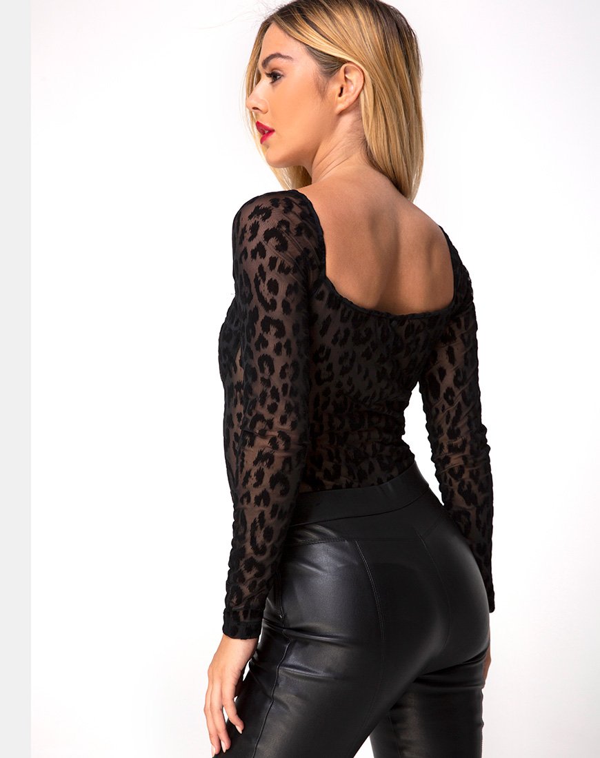 Yelica Corpiño de manga larga en red animal Negro
