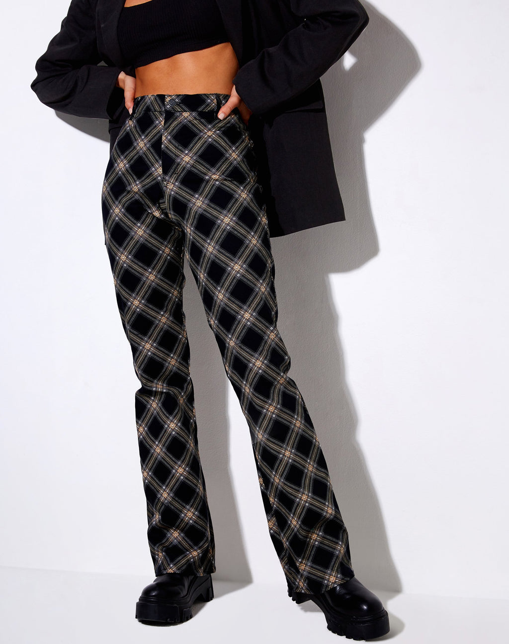Pantalón acampanado Zoven en cuadros de los años 20 negro y gris