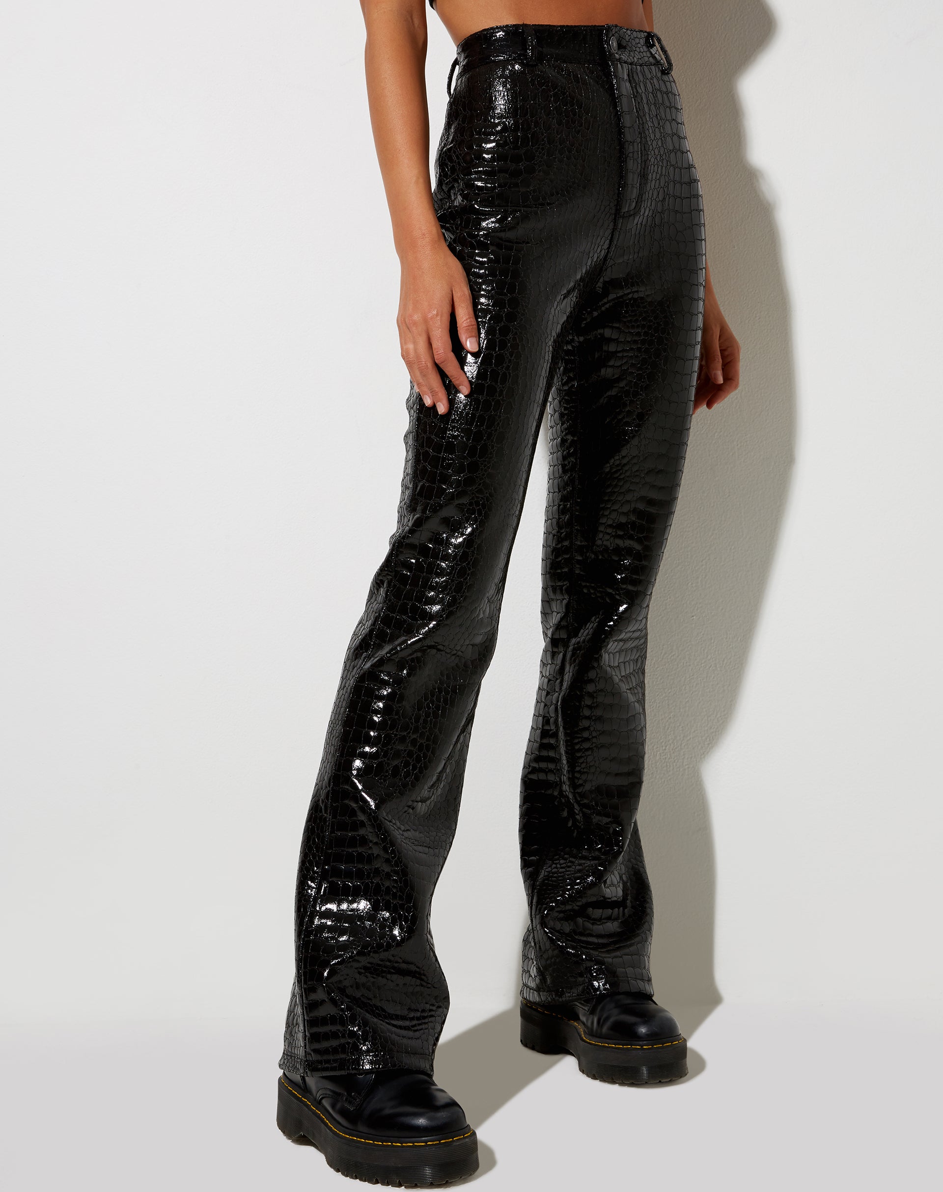 Imagen de Zoven Flare Trouser in Croc PU Black