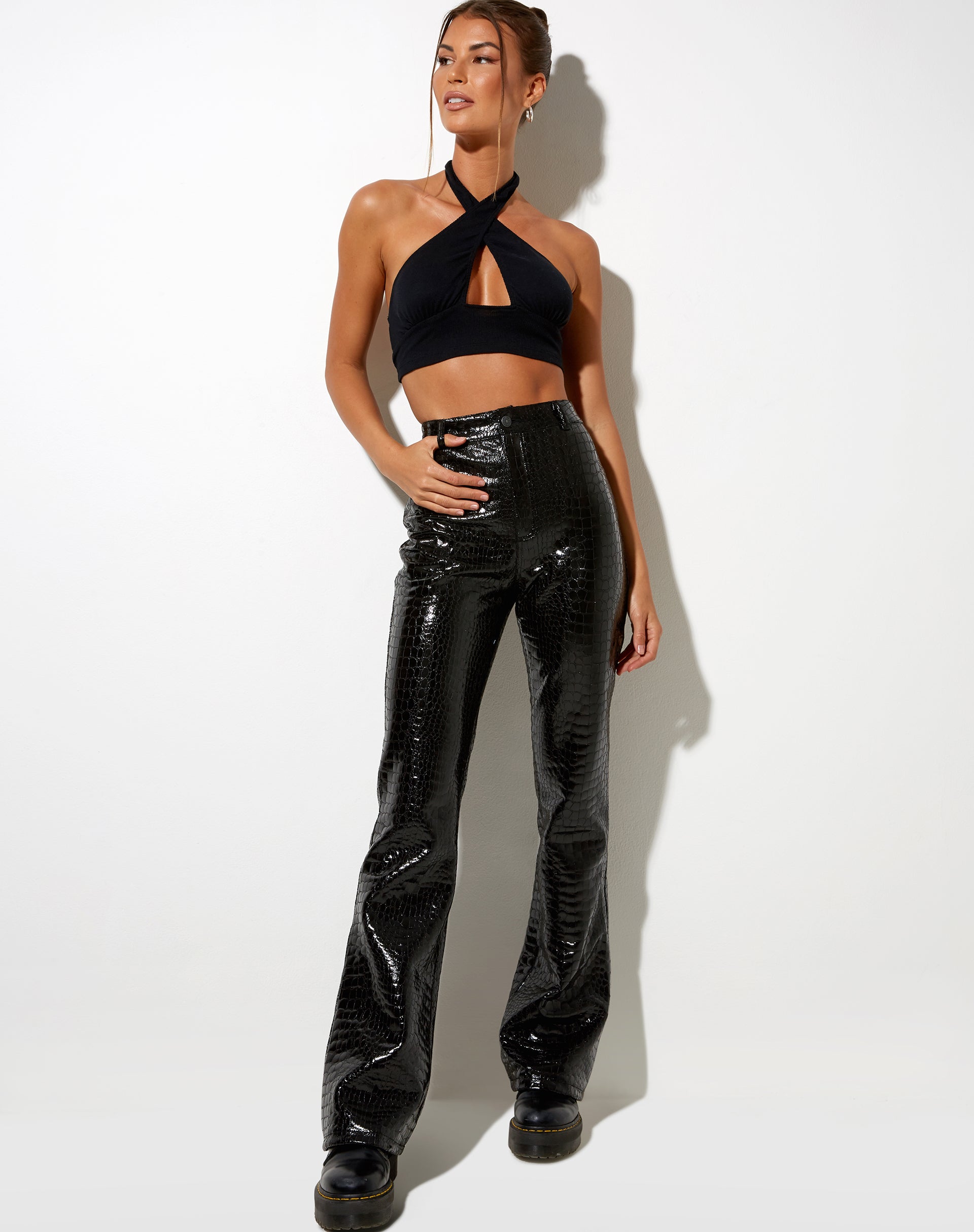 Imagen de Zoven Flare Trouser in Croc PU Black