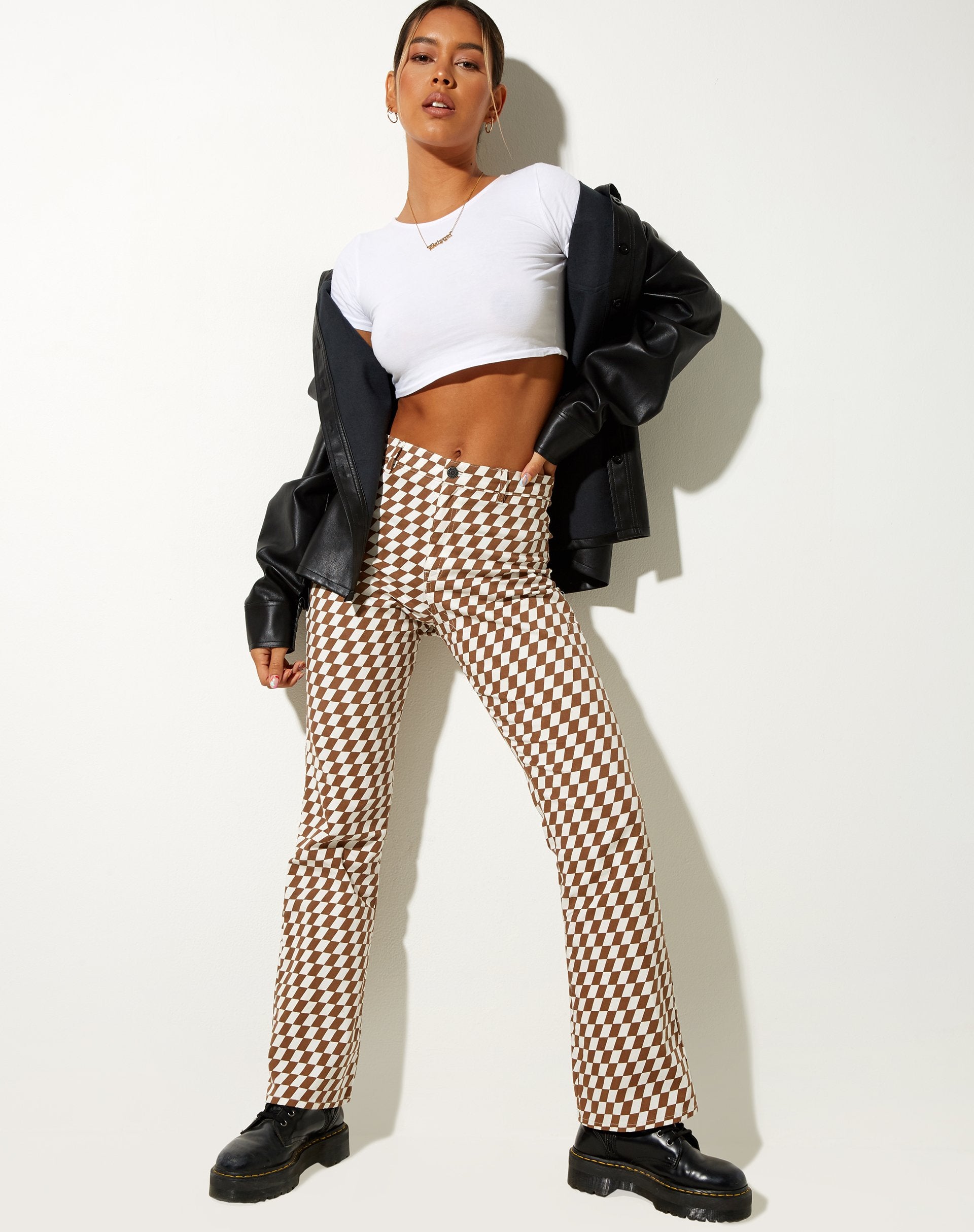 Imagen de Zoven Flare Trouser in Diagonal Checker Tan and Ivory