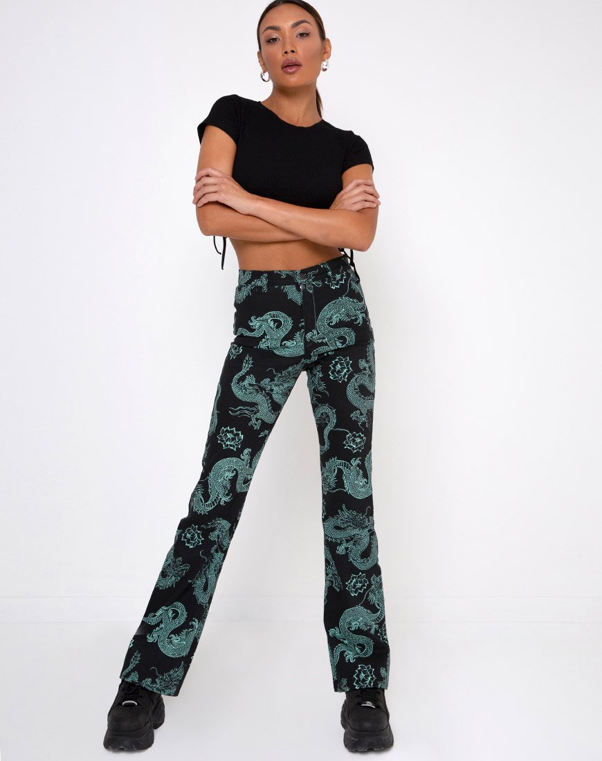 Pantalón Zoven en Flor de Dragón Negro y Menta