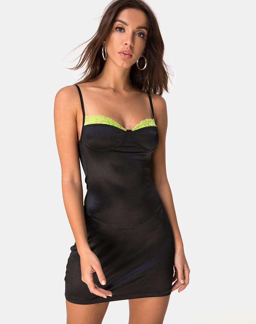 Imagen de Lesty Bodycon Dress in Black with Lime Lace