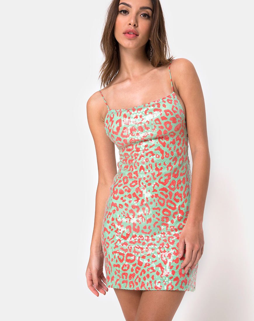 Vestido Kozue de lentejuelas transparentes y leopardo flúor